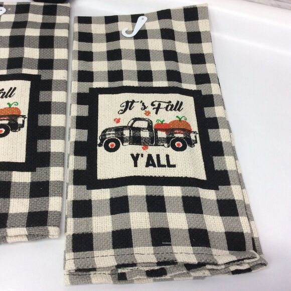 "It's Fall Y'all" 3 Piece Kitchen Set Black/White Buffalo Check Truck & Pumpkins - Picture 5 of 7